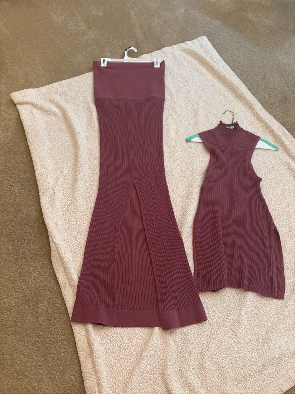 SKIMS Ribbed Two-Piece Skirt Set in Deep Mauve